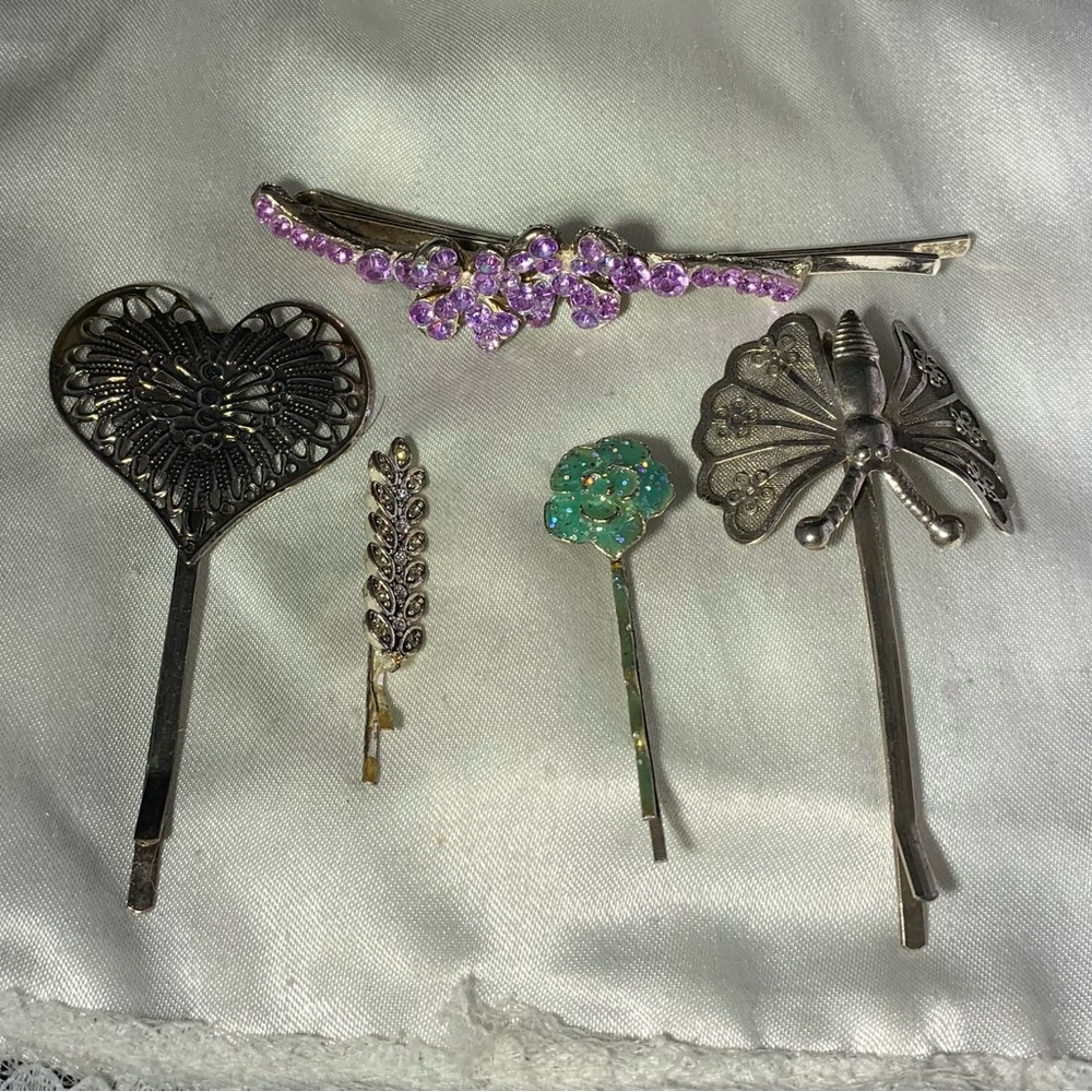 Vintage Lot of 5 Silver and Purple Hair Clip  Bobby Pin Lot